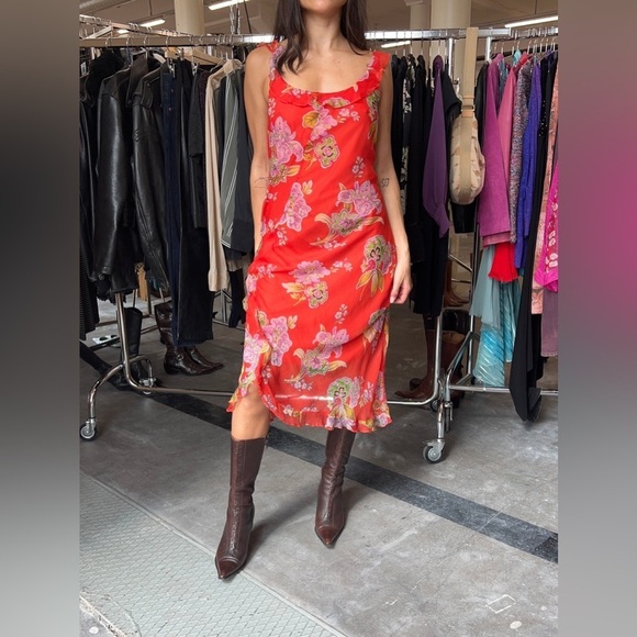 Oui Paisley Print Red Midi Silk Dress - Picture 1 of 11